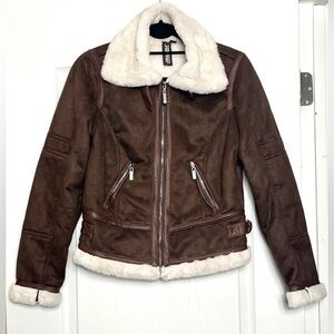 JouJou Women’s Faux Suede Leather Faux Fur Lined Moto Jacket Sz L Brown Full Zip